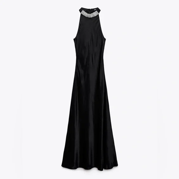 blue dress for baby girl Zara Black Silk Satin Spaghetti Strap Cami Camisole Midi Tank Slip Dress  Size M main image 0